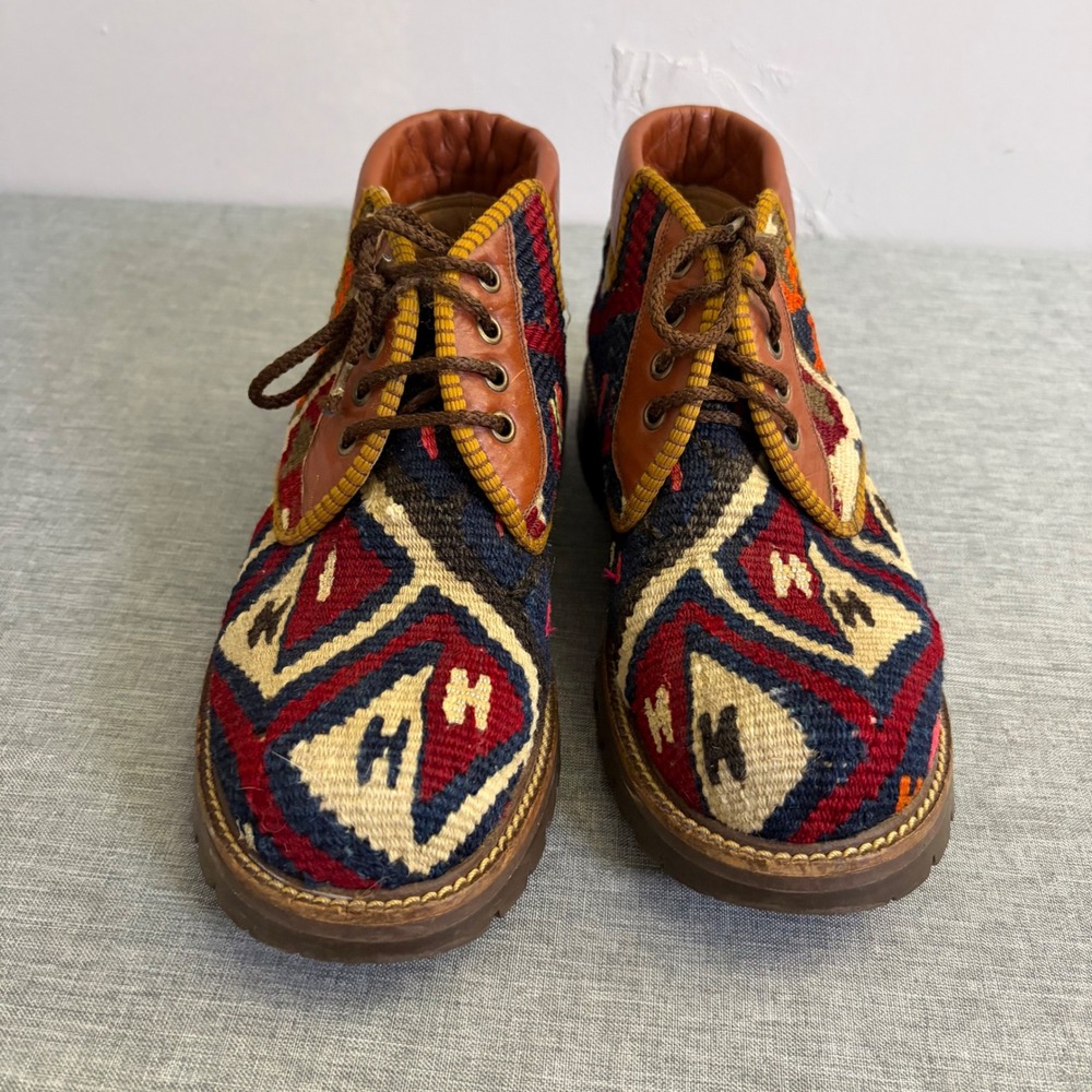 Cosmos‎ Kilim Boots Womens 7 Multi Color Tapestry Leather Lace Up Lug Sole Boho